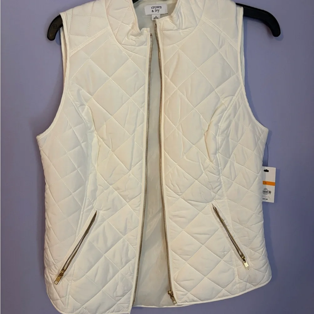 NWT Crown & Ivy Women's Ivory White Quilted Vest - Picture 1 of 4